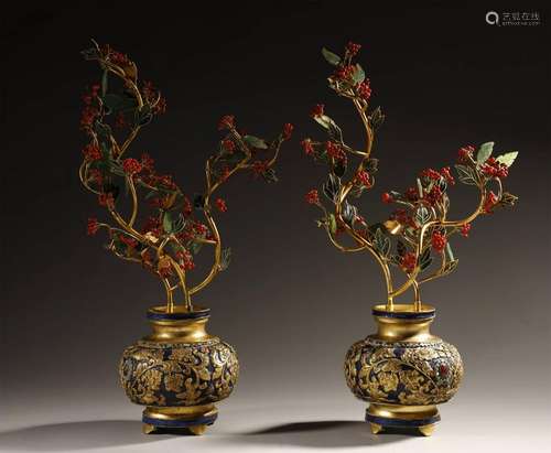 RARE PAIR OF GILT BRONZE BONSAIS/JADE CORAL