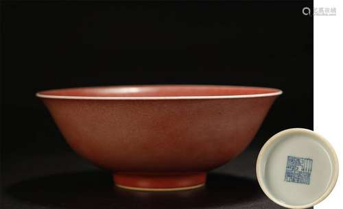 A PEACHBLOOM RED GLAZED BOWL, MARKED