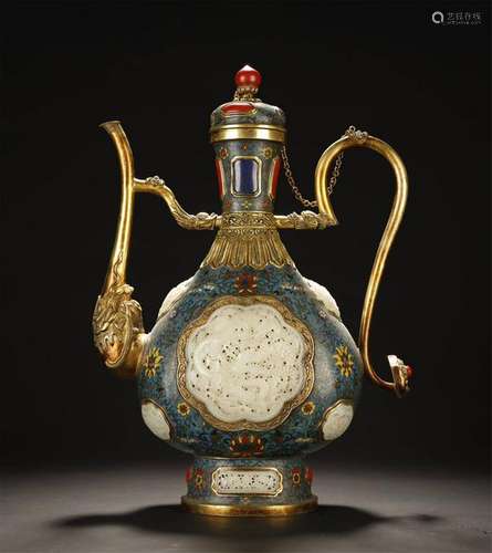 A WHITE JADE INLAID CLOISONNE WINE POT