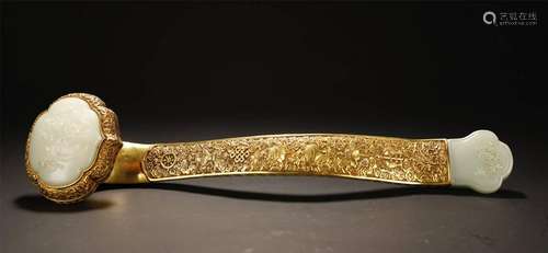 A NICE GILT BRONZE WHITE JADE RUYI SCEPTER