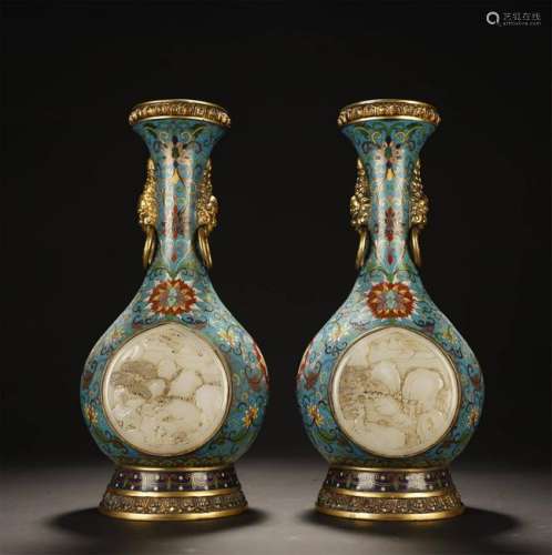 PAIR OF WHITE JADE INLAID CLOISONNE VASES