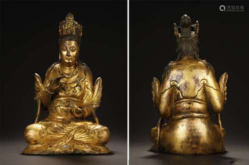 EARLY GILT BRONZE SEATED GUANYING FIGURE