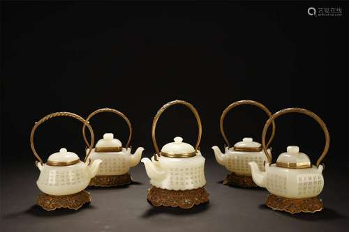 5X GILT BRONZE HANDLES/STANDS WHITE JADE TEA POTS