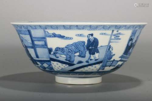 A BLUE/WHITE STORY BOWL/MARKED