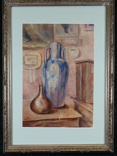 French School Watercolor Interior Scene, Signed