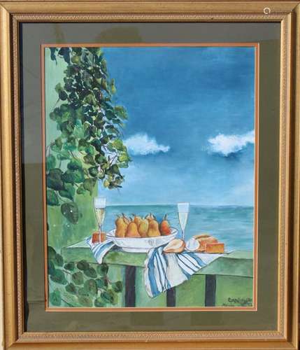 Signed, Coastal Still Life Watercolor w/ Champagne