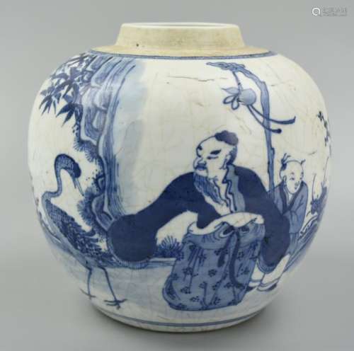Chinese Ming Style B & W Jar w/ Crane & Man