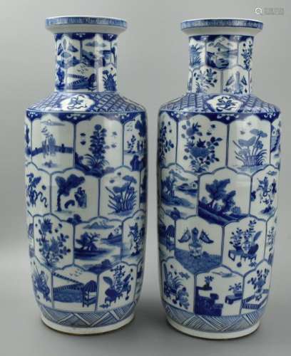 Pair of Tall Chinese Blue & White Vases, 20th C.