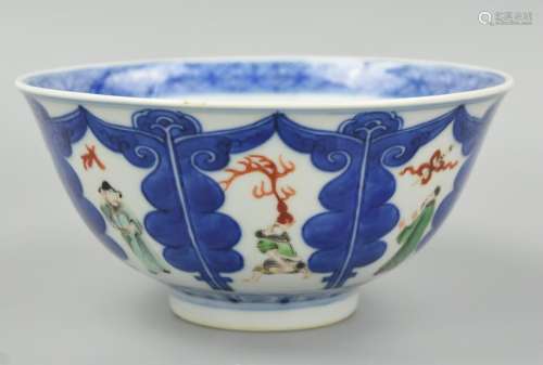 Chinese Famille Verte B&W Bowl w/ Figures, 19th C.