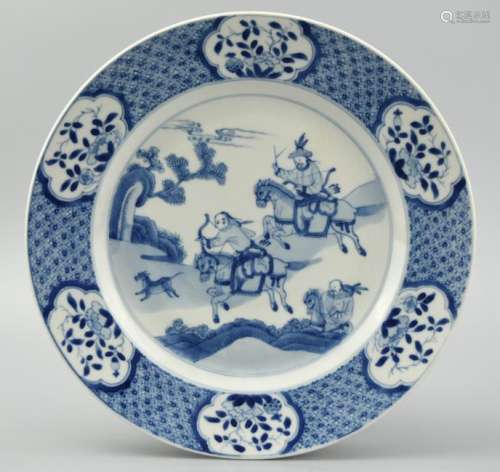 Chinese B&W Plate w/ Hunting Scene, KangXi Period