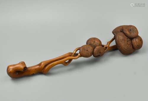 Chinese Carved Wooden Scepter w/ Lingzhi Mushrooms