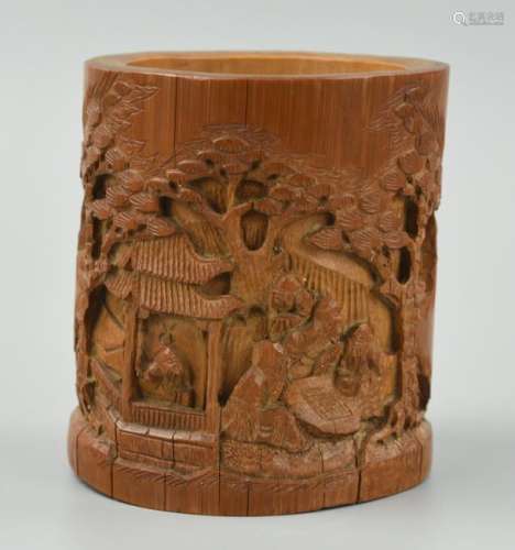 Chinese Carved Bamboo Brushpot w/ Scholars,Qing D.