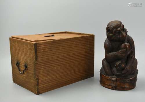 Carving of Mother & Child Monkeys w/ Peach,Qing D.
