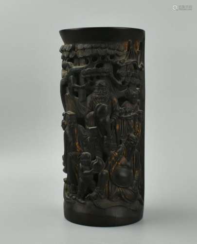 Chinese Carved Bamboo Brush Pot w/ Openwork Figure