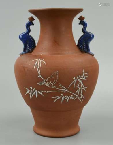 Chinese Zisha Vase w/ Phoenixes & Songbird,20th C.