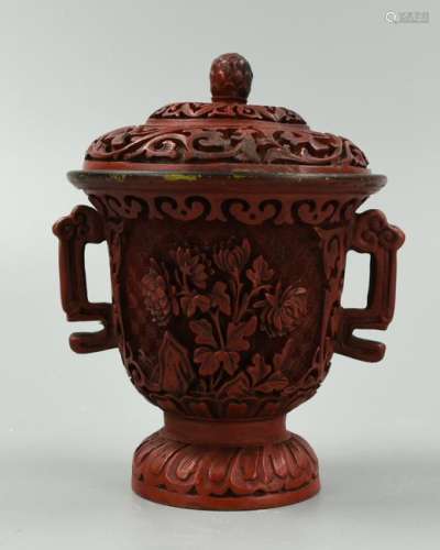 Chinese Carved Lacquerware Cup & Lid
