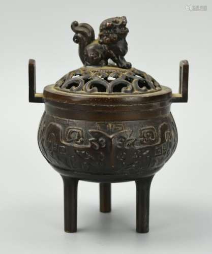 Chinese Tripod Censer w/ Taotie&Lion Finial,Qing D