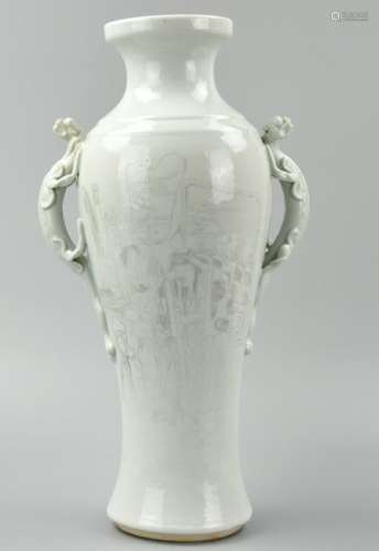 White Glazed Etched Vase w/ Dragon Handle ,19th C.