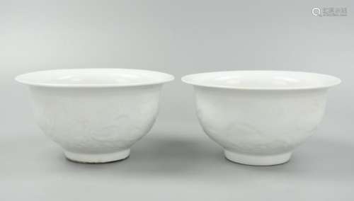 Pair of White Glazed Dragon & Phoenix Bowls,20th C
