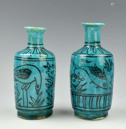 Pair of Chinese Teal Glaze Fish & Crane Vases