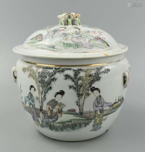 A Famille Rose Jar & Cover w/ Women, Boys, Bamboo