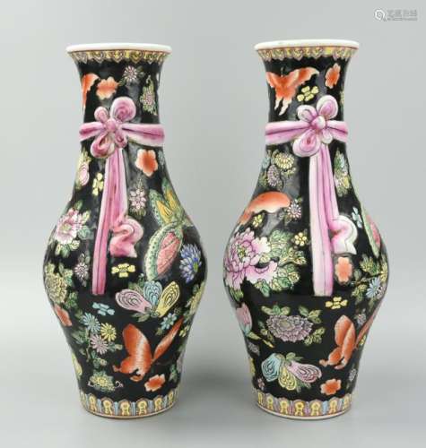 Matching Pair of Black Cantonese Butterfly Vases