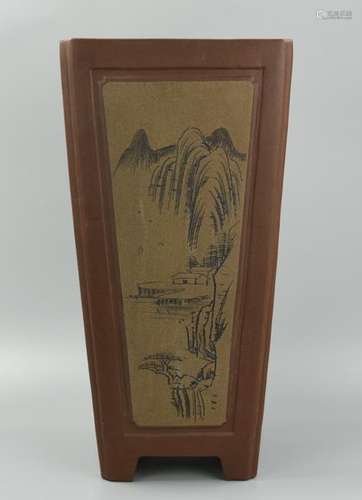 Tall Chinese Zisha Planter w/ Village Scenes,20th