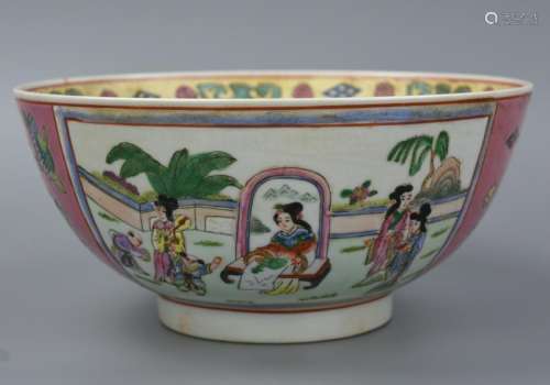 Chinese Canton Glazed Punch Bowl w/ Ladies, 20th C