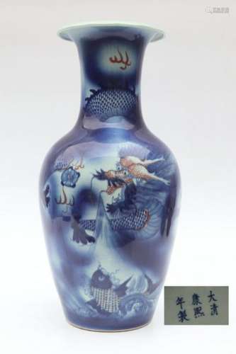 Large Chinese Qing Dynasty Kangxi Blue & And White Fish