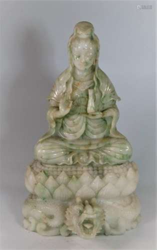 Large Chinese Burma Green Jade Guanyin Sitting on Lotus