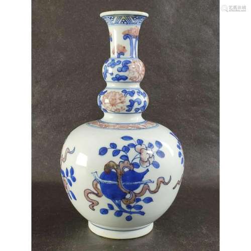 Chinese Ming Dunasty Style Blue And White Gourd Vase