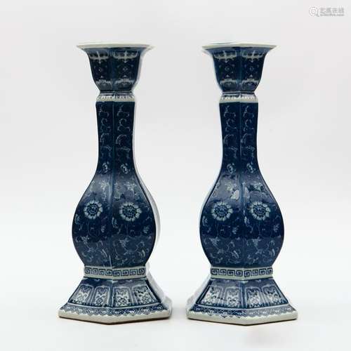 Pair Chinese Qing Style Blue And White Candlestick With