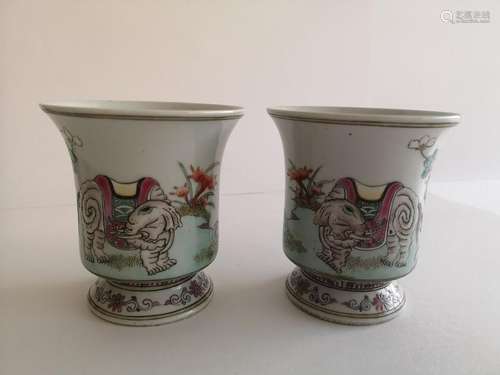 Pair Qing Dynasty Qianlong Pastel Elephant Cups