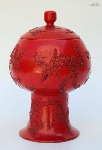 Chinese Qing Dynasty Red Color Porcelain Stem Round Con