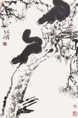 孙其峰（b.1920） 1998年 作 松鼠 设色纸本 托片