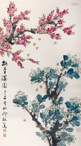萧朗（1917-2010）  桃李满园 设色纸本 立轴