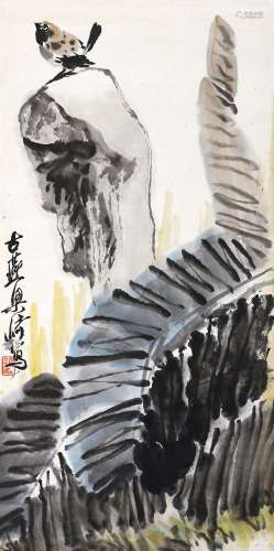 梁崎（1909-1996）  芭蕉麻雀 设色纸本 立轴