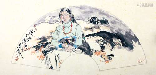 徐展（b.1971） 2013年 作 藏族少女 设色纸本 托片
