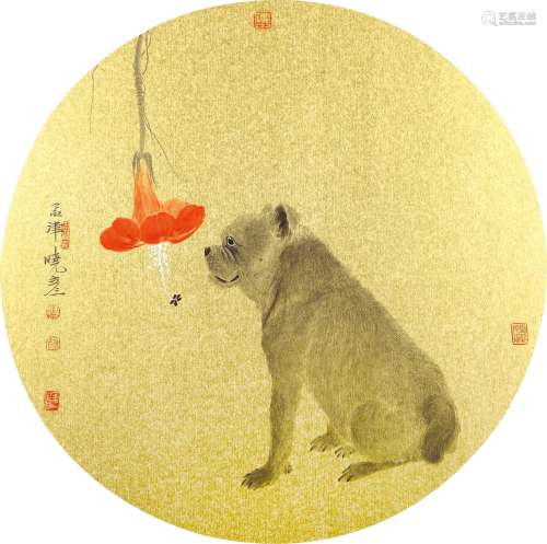 张晓彦（b.1975）  犬戏 设色纸本 镜心