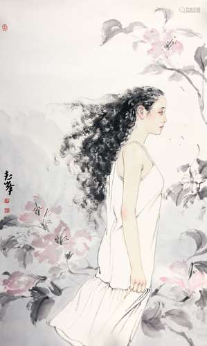 姜志峰（b.1972）  花间少女 设色纸本 托片