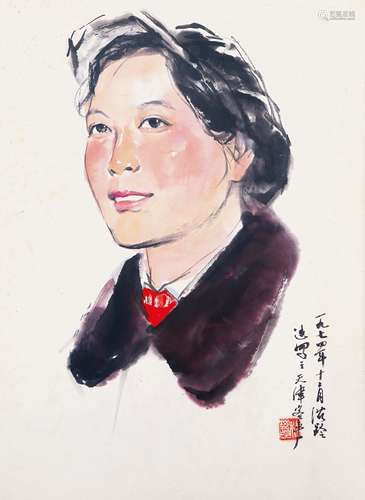 杜滋龄（b.1941） 1974年 作 女工像 设色纸本 镜框