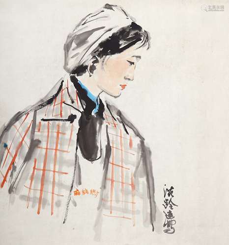 杜滋龄（b.1941）  纺织女像 设色纸本 镜片