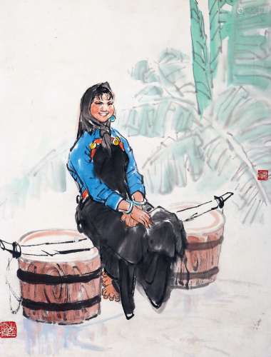 张德育（1931-2010）  少女风情 设色纸本 镜心