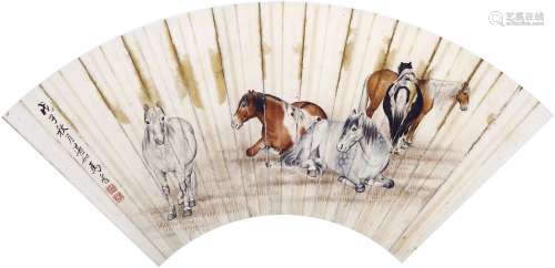 马晋（1900-1970） 1948年 作 五骏图 设色纸本 镜框