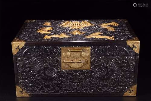 A CHINESE ROSEWOOD CARVED CLOUDS AND DRAGON FIGURES LIDDED BOX