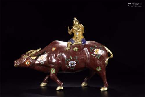 A CHINESE CLOISONNE OF BOY ON THE COW TABLE ITEM