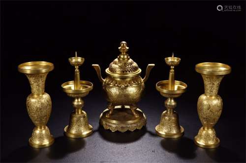 A SET OF CHINESE GILT BRONZE CANDLE HOLDER AND CAGE