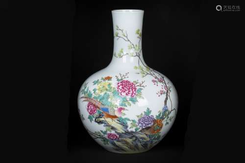 A CHINESE PORCELAIN FAMILLE ROSE FLOWER BIRD TIANQIU VASE