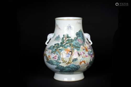 A CHINESE PORCELAIN FAMILLE ROSE BOY PLAYING DOUBLE HANDLE ZUN VASE