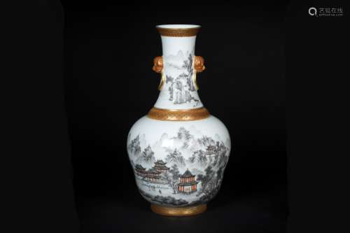 A CHINESE PORCELAIN MOUNTAIN FIGURE AND STORY DOUBLE HANDLE BOTTLE